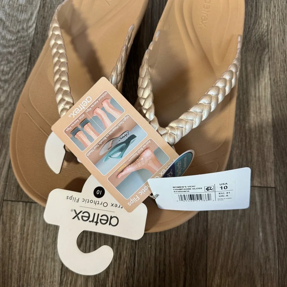 Aetrex Vicki Orthotic Flip Flops Womens 10 Champagne Gloss Braided Sandals NEW